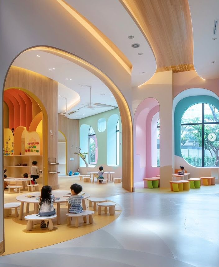 Colourful Montessori classroom with arched play areas