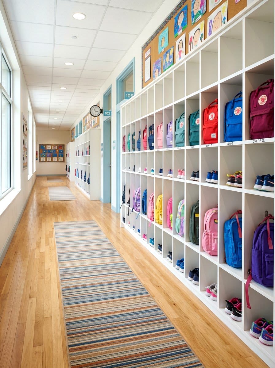 Happy Hearts Montessori campus hallway with student cubbies
