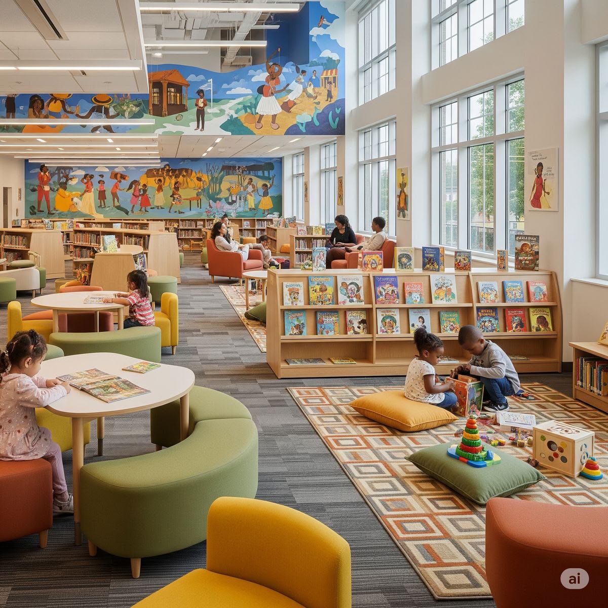 Children reading and exploring in the campus library